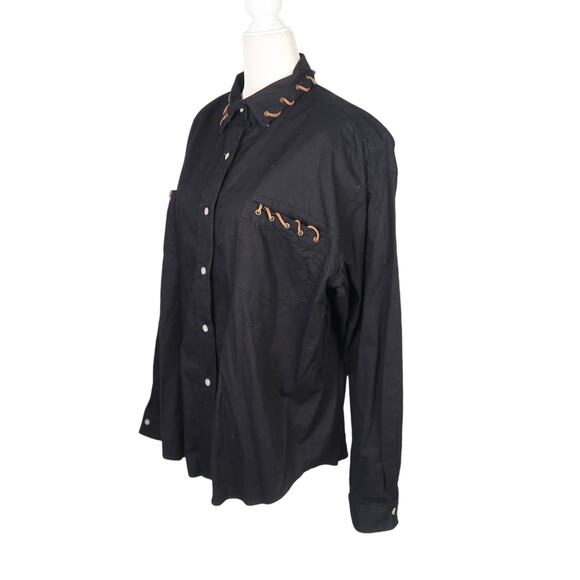 Vintage 90s KZK black western suede trim button down top L - Picture 3 of 6